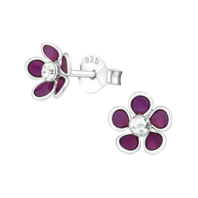 Children's Silver Flower Ear Studs with Crystal and Epoxy