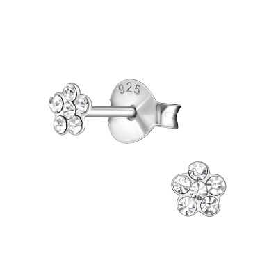 Children's Silver Flower Ear Studs with Crystal