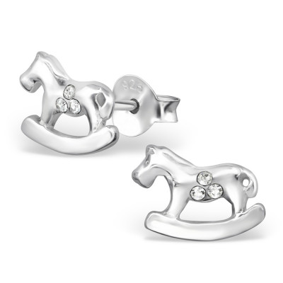 Rocking Horse Children's Sterling Silver Ear Studs with Crystal