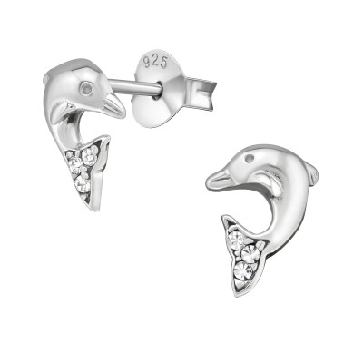 Children's Silver Dolphin Ear Studs with Crystal