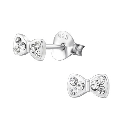 Children's Silver Bow Ear Studs with Crystal