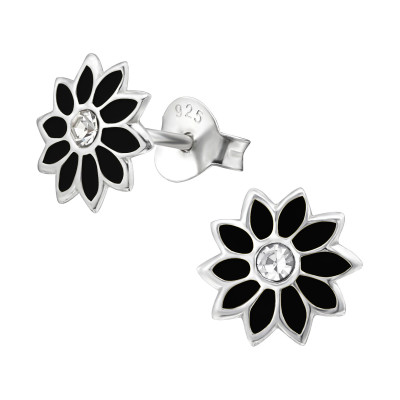 Flower Children's Sterling Silver Ear Studs with Crystal and Epoxy