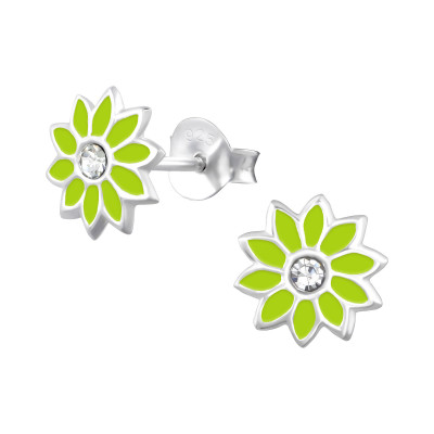 Children's Silver Flower Ear Studs with Crystal and Epoxy