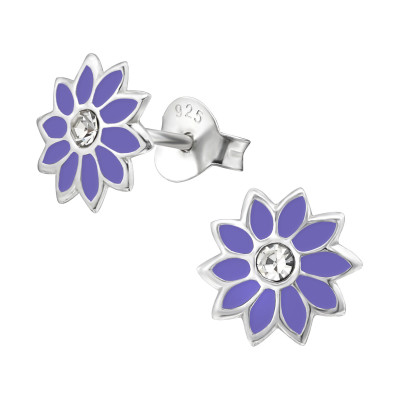 Children's Silver Flower Ear Studs with Crystal and Epoxy