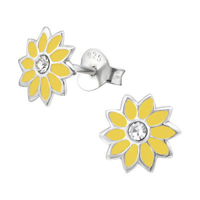 Flower Children's Sterling Silver Ear Studs with Crystal and Epoxy