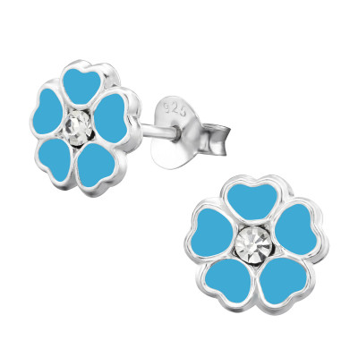 Children's Silver Flower Ear Studs with Crystal and Epoxy