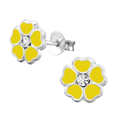 Children's Silver Flower Ear Studs with Crystal and Epoxy