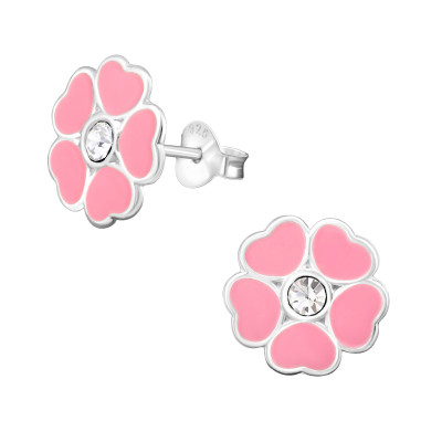 Children's Silver Flower Ear Studs with Crystal and Epoxy