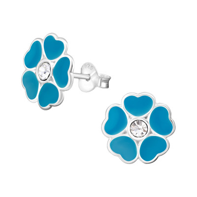 Children's Silver Flower Ear Studs with Crystal and Epoxy