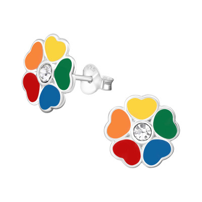 Children's Silver Flower Ear Studs with Crystal and Epoxy