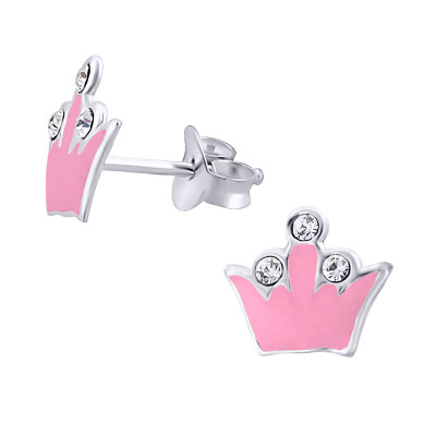 Children's Silver Crown Ear Studs with Crystal and Epoxy