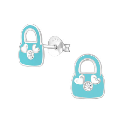 Children's Silver Light Blue Bag Ear Studs with Crystal and Epoxy