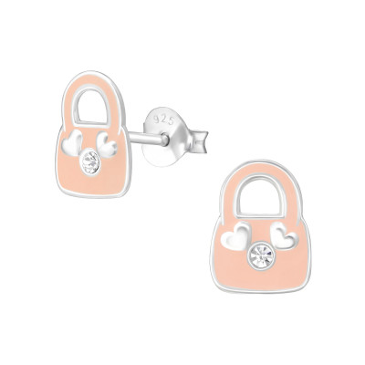 Children's Silver Pink Women Bag Ear Studs with Crystal and Epoxy