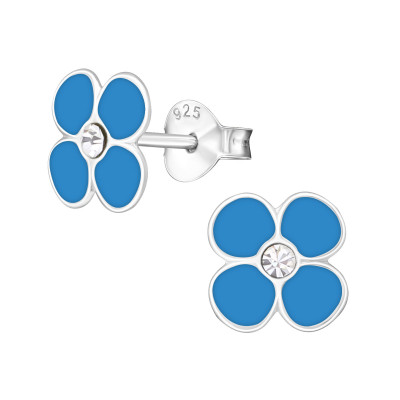 Children's Silver Flower Ear Studs with Crystal and Epoxy