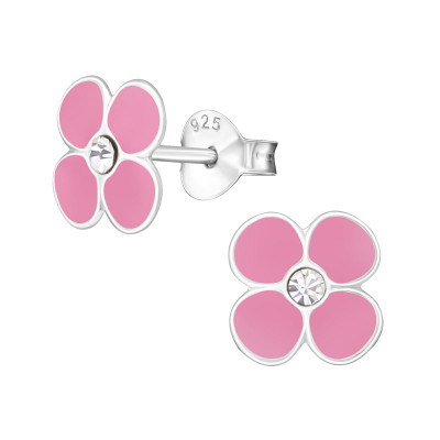 Children's Silver Flower Ear Studs with Crystal and Epoxy