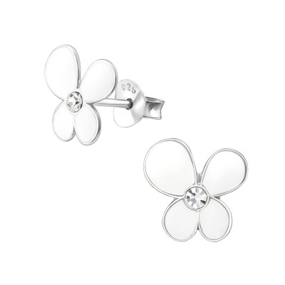 Children's Silver Flower Ear Studs with Crystal and Epoxy