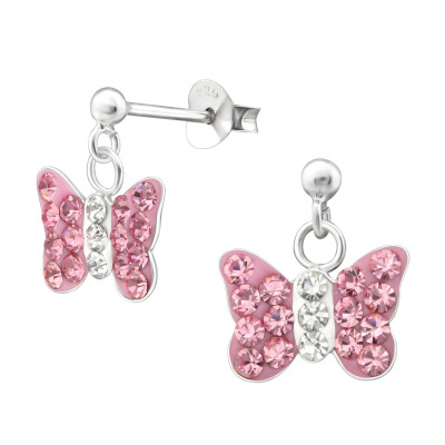 Children's Silver Ball Ear Studs Hanging Butterfly with Crystal