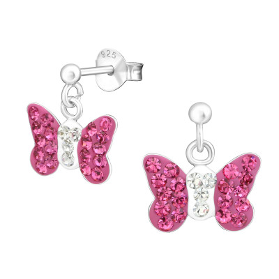 Children's Silver Ball Ear Studs with Hanging Butterfly and Crystal