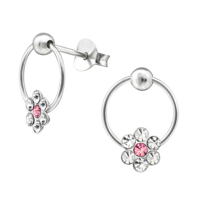 Children's Silver Flowered Hoop Ear Studs with Crystal