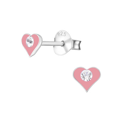 Children's Silver Heart Ear Studs with Crystal and Epoxy