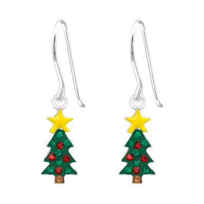 Children's Silver Christmas Tree Earrings with Crystal and Epoxy