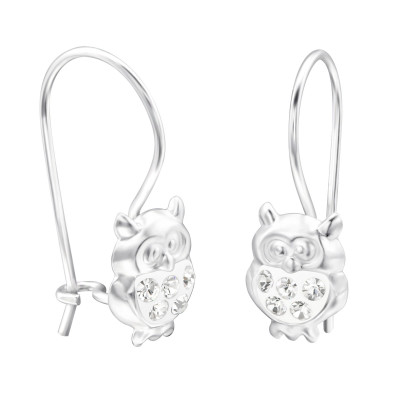 Owl Children's Sterling Silver Earrings and Hanger with Crystal