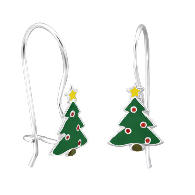 Children's Silver Christmas Tree Earrings with Epoxy