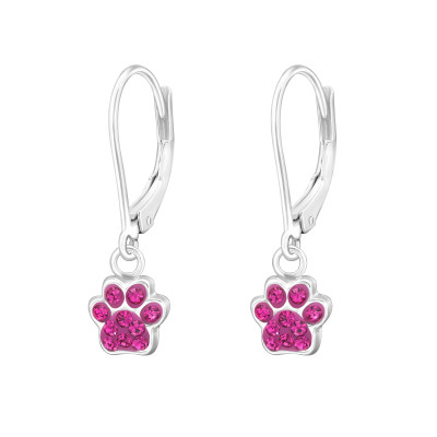 Children's Silver Paw Print Lever Back Earrings with Crystal