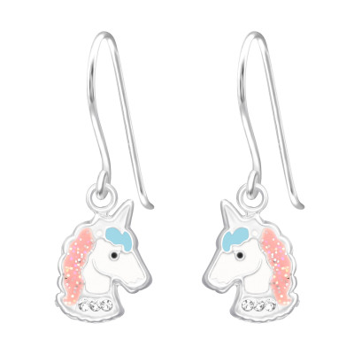 Children's Silver Unicorn Earrings with Crystal and Epoxy