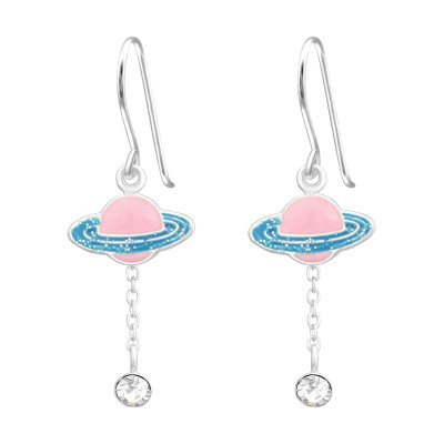 Children's Silver Saturn Planet Earrings with Hanging Crystal and Epoxy