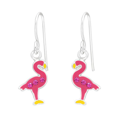 Children's Silver Flamingo Earrings with Crystal and Epoxy