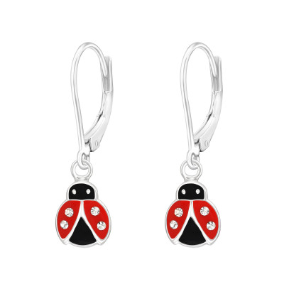 Children's Silver Ladybug Lever Back Earrings with Crystal and Epoxy