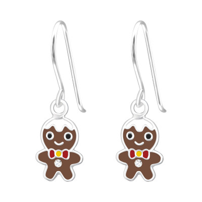 Children's Silver Hanging Gingerbread Earrings with Crystal and Epoxy