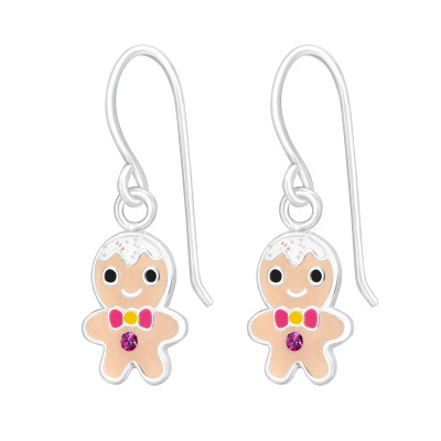 Children's Silver Gingerbread Man Earrings with Crystal and Epoxy