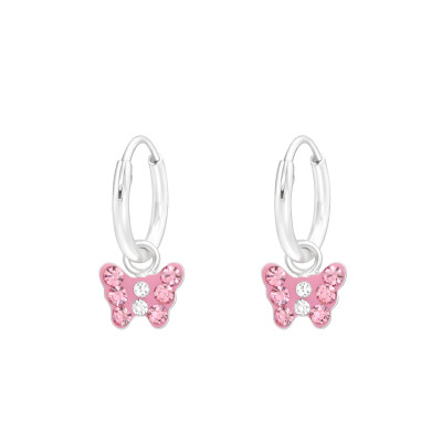 Children's Silver Ear Hoops with Hanging Butterfly and Crystal