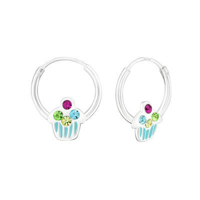 Children's Silver Cupcake Ear Hoops with Crystal and Epoxy