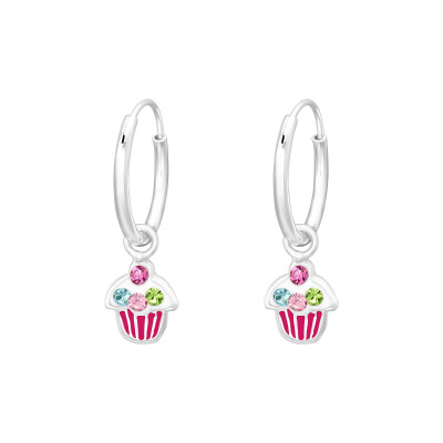 Children's Silver Ear Hoops with Hanging Epoxy Cupcake and Crystal