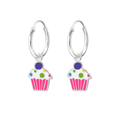 Children's Silver Ear Hoop with Hanging Cupcake and Epoxy