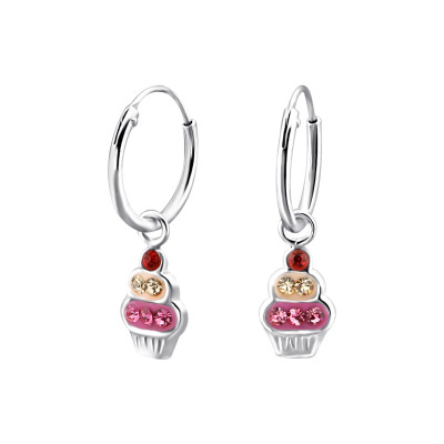 Children's Silver Ear Hoop with Hanging Cupcake and Crystal