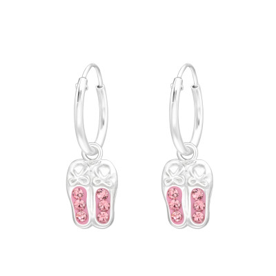 Children's Silver Ear Hoops with Hanging Ballerina Shoes and Crystal