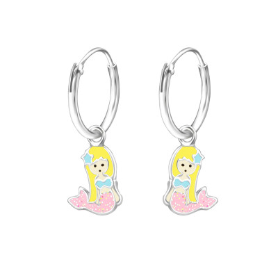 Children's Silver Ear Hoops with Hanging Mermaid and Epoxy