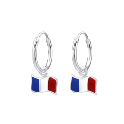 Children's Silver Ear Hoop with Hanging France Flag and Epoxy