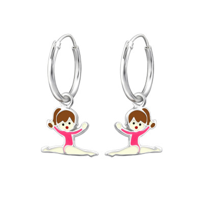 Children's Silver Ear Hoop with Hanging Gymnastics Girl and Epoxy