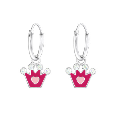 Children's Silver Ear Hoops with Hanging Crown and Epoxy