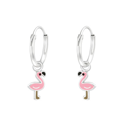 Children's Silver Ear Hoops with Hanging Flamingo and Epoxy