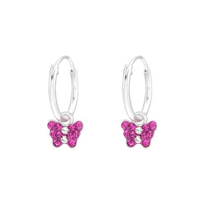Children's Silver Ear Hoops with Hanging Butterfly and Crystal