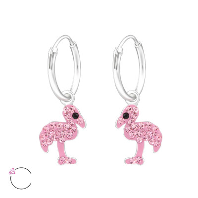 Children's Silver Ear Hoop with Hanging Flamingo and Genuine European Crystals