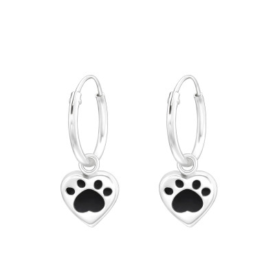 Children's Silver Ear Hoops with Hanging Heart Paw Print and Epoxy