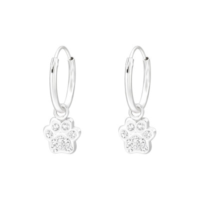 Children's Silver Ear Hoops with Hanging Paw Print and Crystal