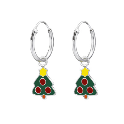 Children's Silver Ear Hoop with Hanging Christmas Tree and Epoxy